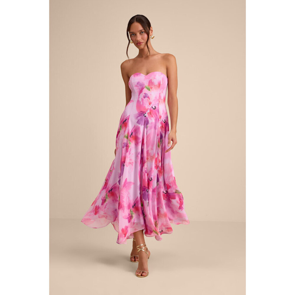 Lulus Madoria Pink Multi Floral Strapless Midi Dress - Size S